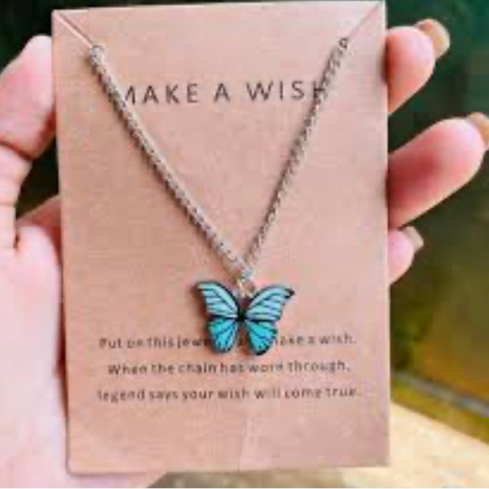 Aqua Blue Black Butterfly Make A Wish Pendant Charm Necklace